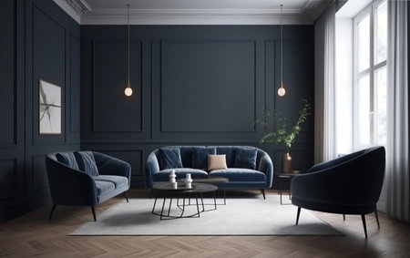 Scandinavian Apartment with Dark Blue Sofa and Recliner Chair Generative AIの素材