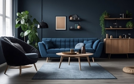 Scandinavian Apartment with Dark Blue Sofa and Recliner Chair Generative AIの素材