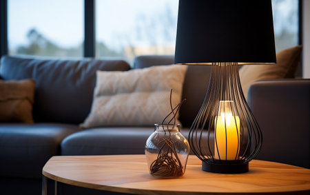 Wire Table Lamp on Wooden Coffee Table Interior Design Illumination Generative AIの素材