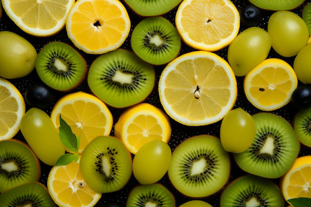 Fresh Assorted Fruits Background Lemon and Kiwi Generative AIの素材