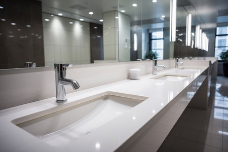 Modern Public Bathroom Rows of White Generative AIの素材