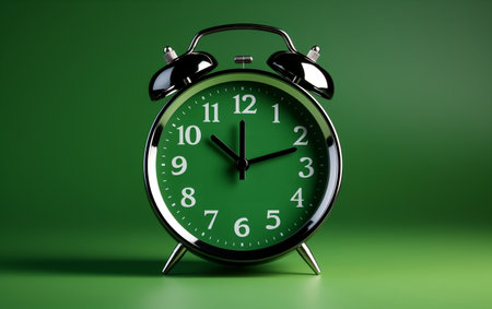 A green alarm clock sitting on top of a tableの素材