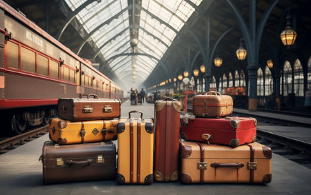 A pile of luggage sitting on top of a train platformの素材