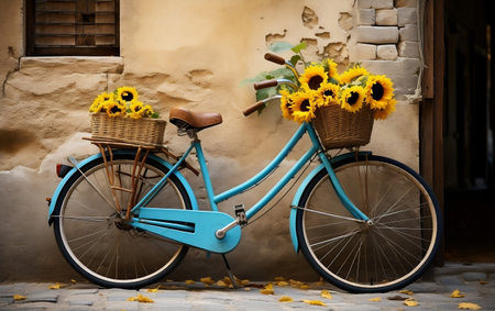 A bicycle with baskets of sunflowersの素材