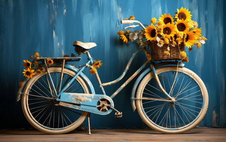 A bicycle with baskets of sunflowersの素材