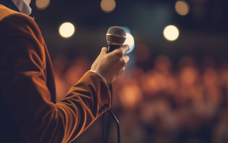A close up of a women holding a microphoneの素材