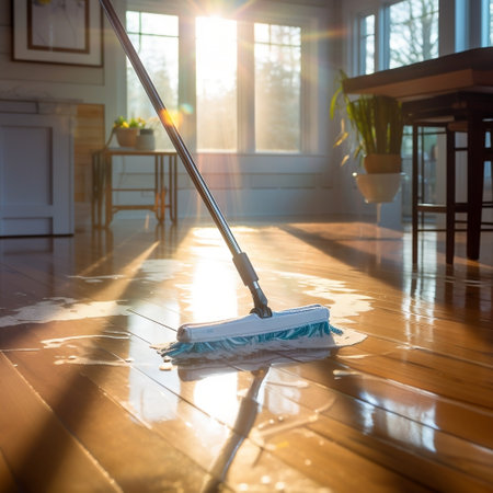 A person with a mop on a wooden floorの素材
