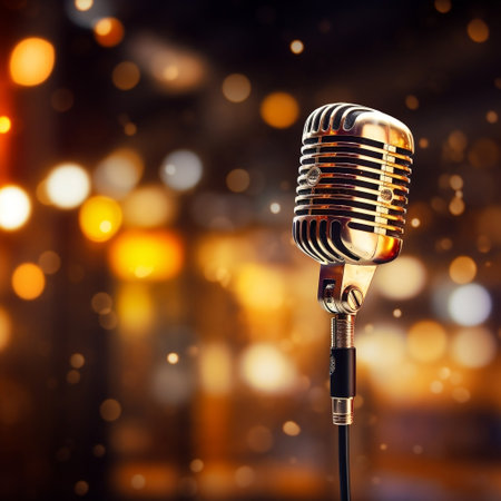 A microphone with a blurry background of lightsの素材