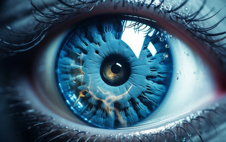 A close up of an eye with a blue irisの素材