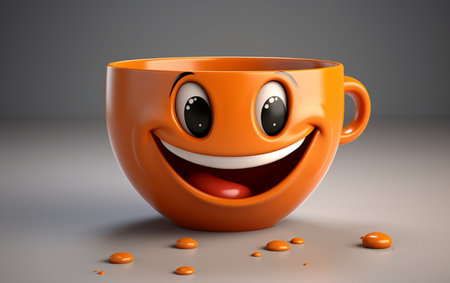 An orange coffee cup with a smiling faceの素材