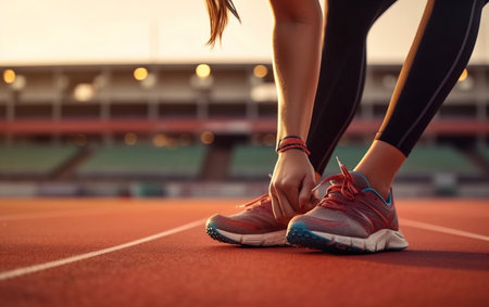 A close up of a person's feet on a running trackの素材