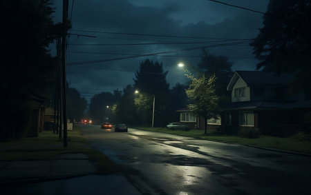 A street at night with a car parked on the side of the roadの素材