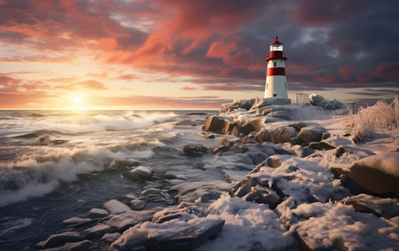 A painting of a lighthouse on a snowy shoreの素材