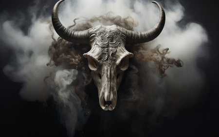 A bull with large horns standing in a cloud of smokeの素材