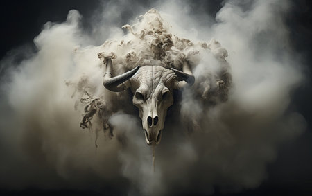 A bull with large horns standing in a cloud of smokeの素材