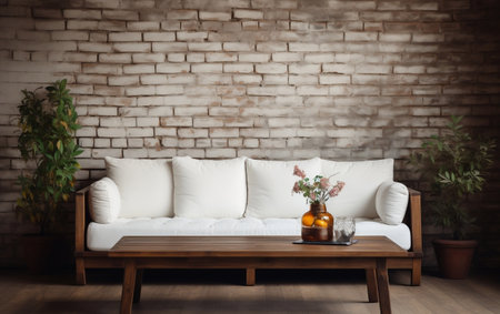 A modern white couch next to a vibrant potted plant in a stylish living roomの素材