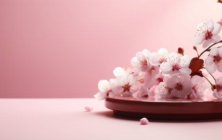 A white bowl with pink flowers on a pink backgroundの素材