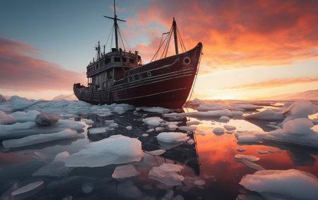 A boat sitting on top of a frozen lakeの素材