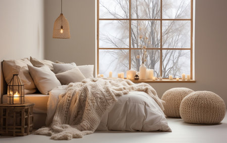 A bedroom with a large window and a bedの素材