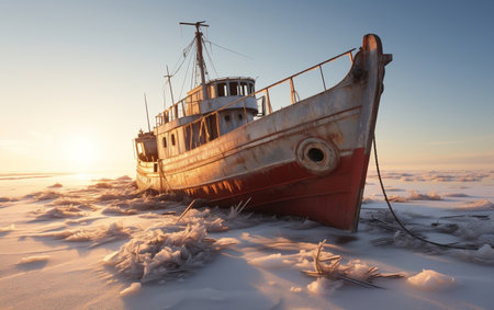 A boat sitting on top of a frozen lakeの素材