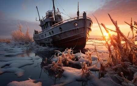 A boat sitting on top of a frozen lakeの素材