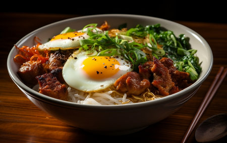 A bowl of noodles with meat, vegetables and eggsの素材
