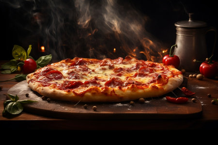 Pizza with Slice Missing on Wooden Board Generative AIの素材