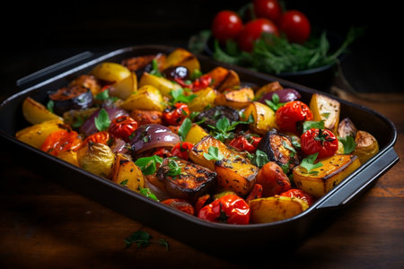 A pan of roasted vegetables on a wooden tableの素材
