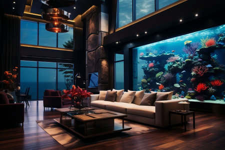 A living room filled with furniture and a large aquariumの素材