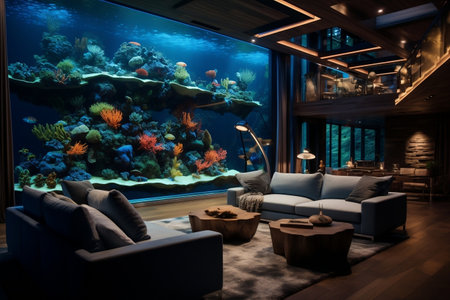 A living room filled with furniture and a large aquariumの素材