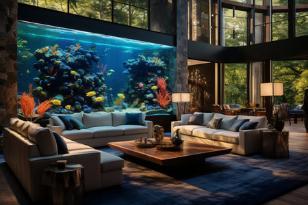 A living room filled with furniture and a large aquariumの素材