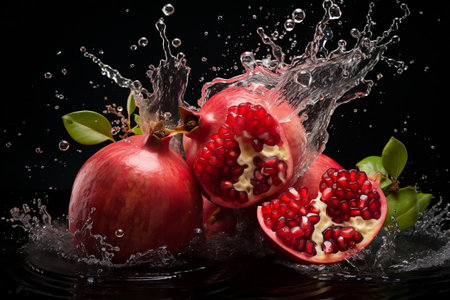 Two pomegranates with water splashing on themの素材