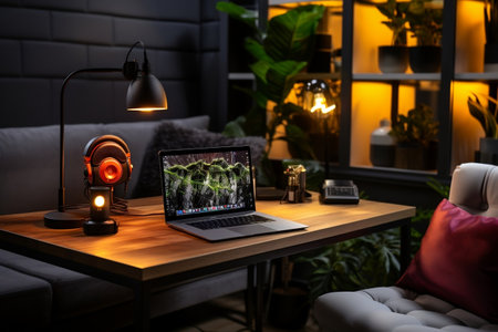 A modern desk setup with a laptop and a lampの素材