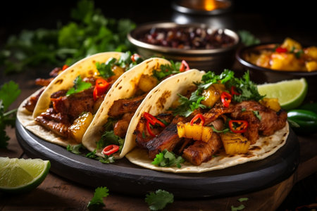 Three tacos with meat, pineapple salsa, and cilantroの素材