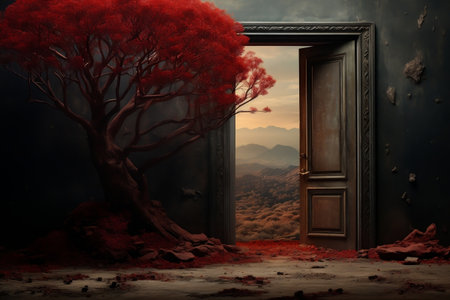 An open door with a tree in the middle of itの素材