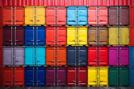 A large stack of multicolored shipping containersの素材