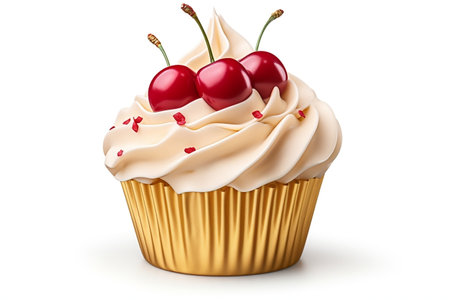 A cupcake with cream frosting and two cherriesの素材