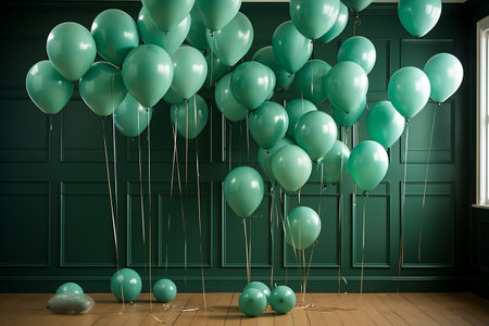A bunch of green balloons that are in the airの素材