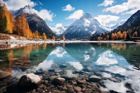 A lake surrounded by rocks and trees with mountains in the backgroundの素材