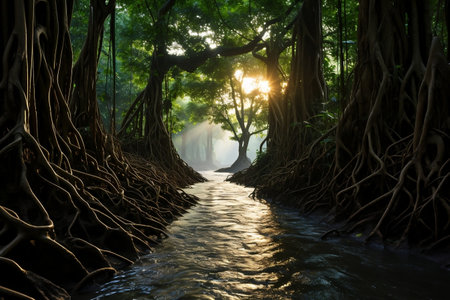 A river running through a lush green forestの素材