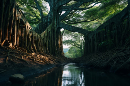 A river running through a lush green forestの素材