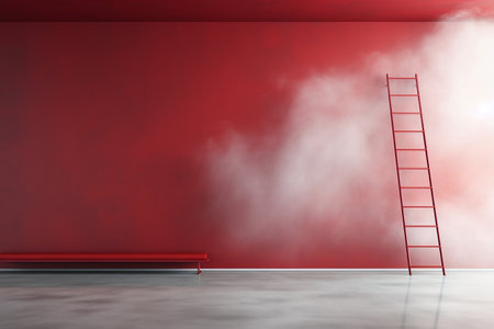 A red ladder leaning against a red wallの素材