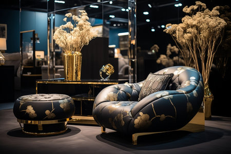 A chair and ottoman in a room with mirrorsの素材