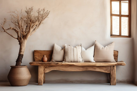 A living room with a couch, vases and a treeの素材