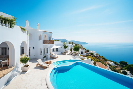 A large swimming pool next to a houseの素材