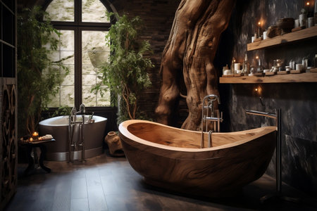 A bathroom with a stone wall and a large tubの素材