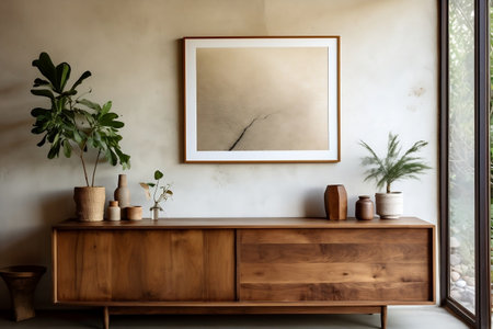 A wooden dresser with a vase on top of itの素材