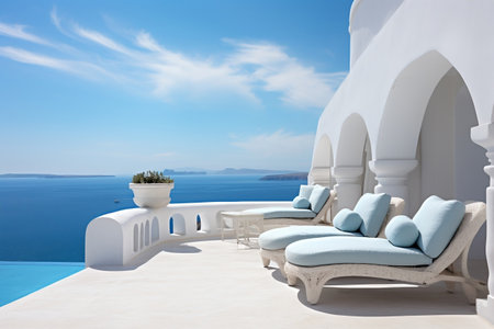 A row of chaise lounge chairs sitting on top of a white buildingの素材