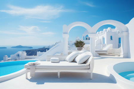 A row of chaise lounge chairs sitting on top of a white buildingの素材