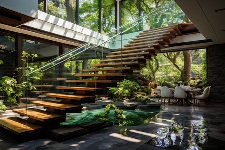 A living room filled with furniture under a glass roofの素材